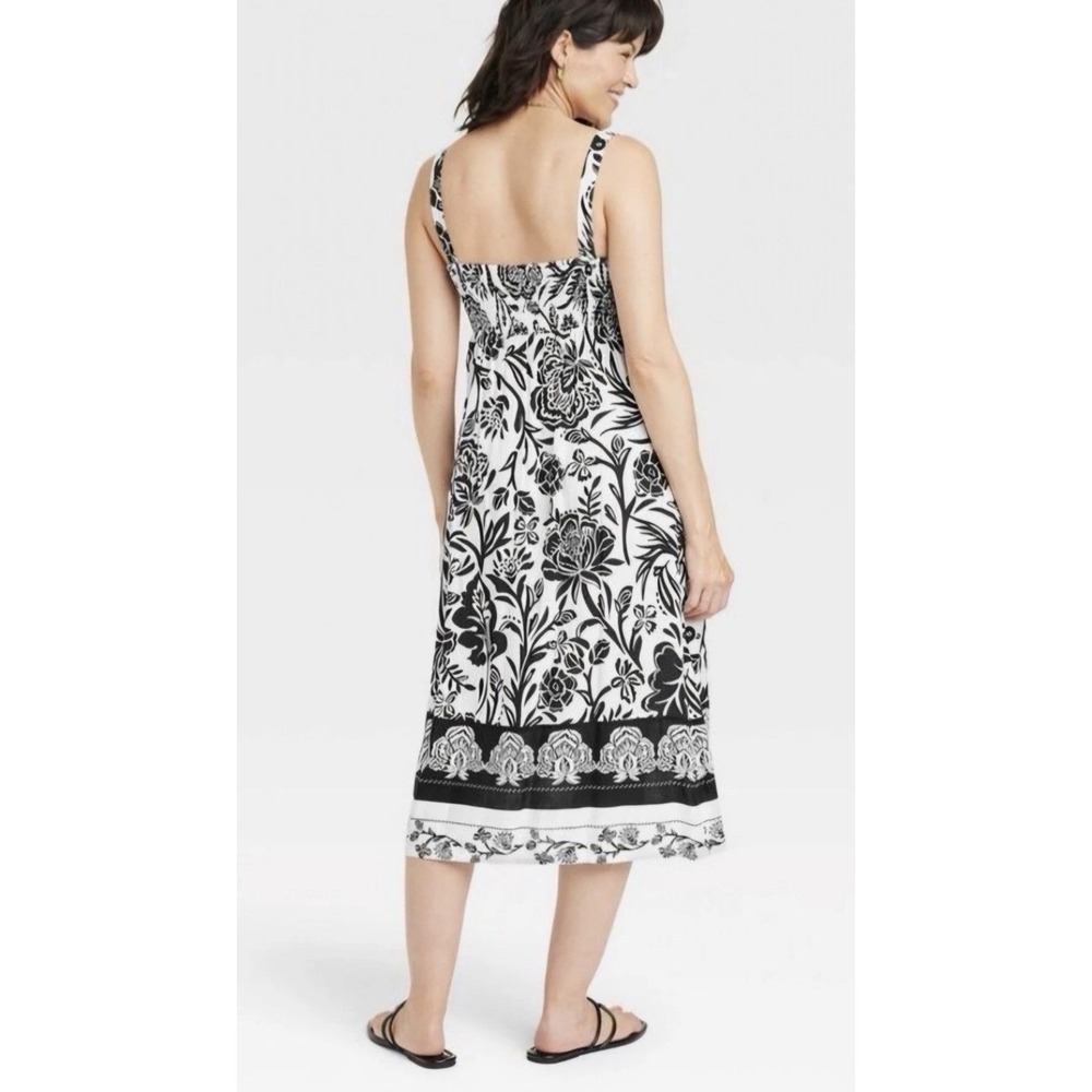 Knox Rose Black & White Floral Midi Dress Knot Keyhole Front and Smocked Back XS - Picture 2 of 10